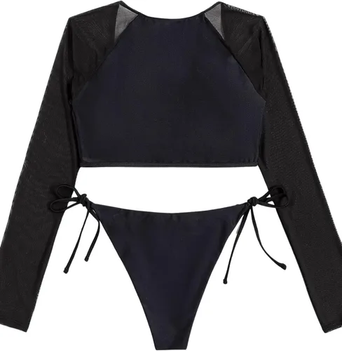 Vista 2 de SweatyRocks Traje de baño de 2 piezas de manga larga para mujer, bikini de corte alto, tankini con protección contra rush
