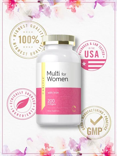 Vista 5 de Carlyle Multivitamínico para mujeres con hierro 200 cápsulas blandas Vitaminas esenciales, minerales y omegas Suplemento de apoyo nutricional
