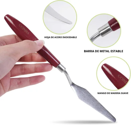 Vista 3 de CONDA Cuchillo de paleta para pintura de acero inoxidable, espátula, cuchillo de paleta de pintura al óleo, cuchillos de metal, mango de madera