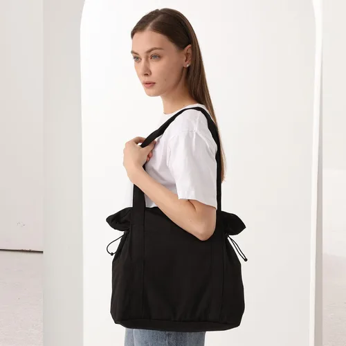 Vista 2 de YaKuss Bolsas de nailon para mujer, bolso de hombro con cincha lateral, impermeable, bolsa grande con cremallera, Negro -, Casual