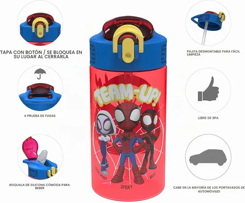 Vista 5 de Zak Designs Marvel Spider Man - Botella de agua para niños con cubierta de boquilla y aro de transporte, hecha de plástico duradero, diseño