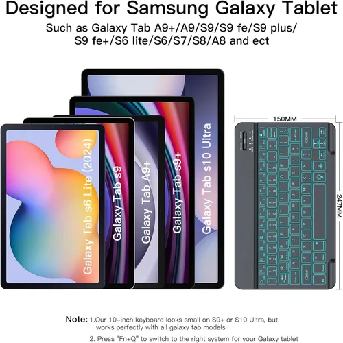 Vista 3 de Teclado inalámbrico para Samsung Galaxy Tab A11+ A9+ S10 FE S9 S10Lite Negro con retroiluminación