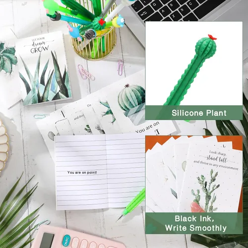 Vista 6 de Colarr Juego de 48 regalos temáticos de cactus, a granel con bonitos bolígrafos de cactus de dibujos animados, bloc de notas de bolsillo