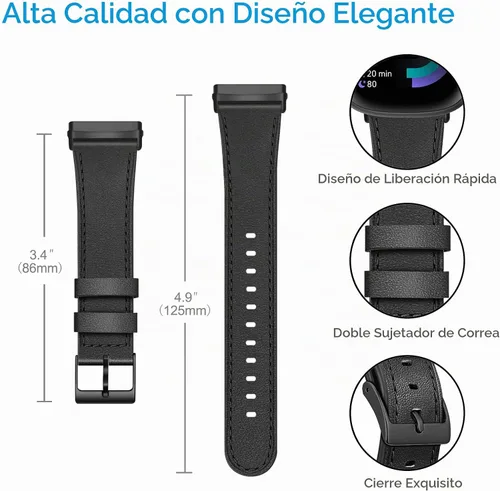 Vista 3 de FINTIE Leather Bands Compatible with Fitbit Versa 4 3 / Sense 2 1 Negro