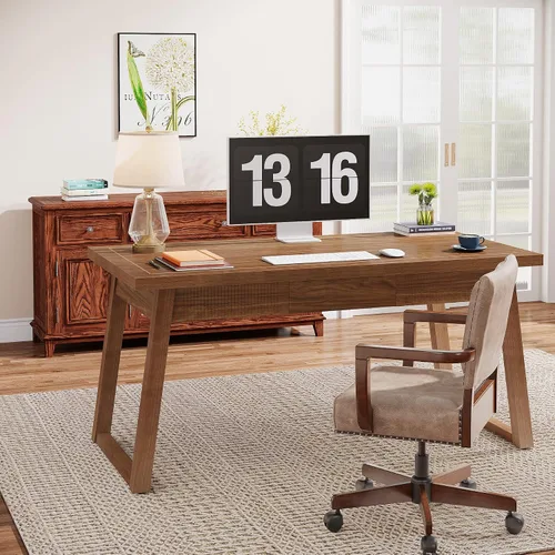 Vista 3 de Tribesigns Escritorio ejecutivo de oficina en casa: Escritorio de computadora de madera de 55 pulgadas con cajón, mesa de escritura moderna