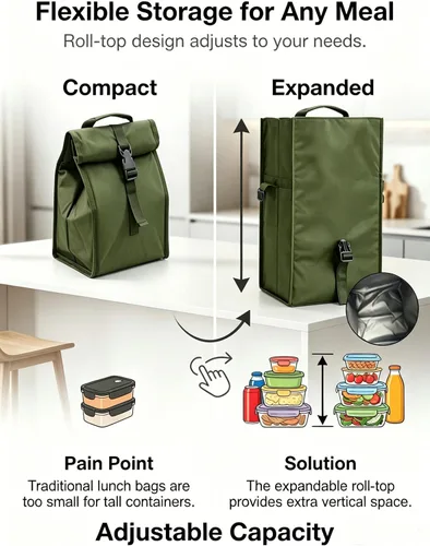 Vista 3 de ZM-YOUTOO Lonchera aislada plegable – Bolsa de almuerzo ligera y portátil con correa de hombro ajustable para hombres, mujeres, oficina, trabajo