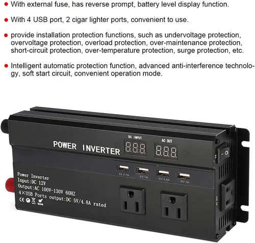 Vista 9 de Convertidor de inversor de corriente para automóvil de 4000 W con pantalla LCD, puerto USB, encendedor de puros, puertos CC 12 V a CA 1100 V