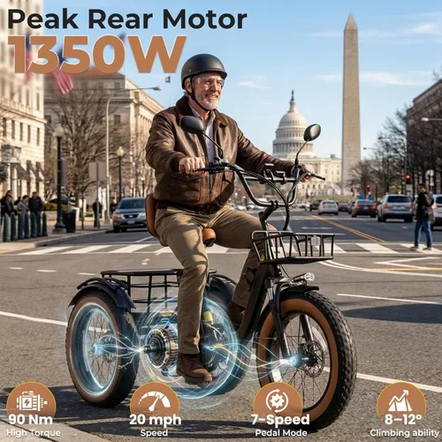 Vista 4 de Electric Tricycle for Adults 750W(Peak 1350W) 48V15.6Ah Etrike 20"x4" Fat Tire Electric Trike 3-Wheel Aluminum Alloy Folding Electric Tricycle Max