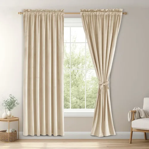 Vista 122 de JIUZHEN Cortinas de terciopelo beige de 63 pulgadas de ancho x 63 pulgadas de largo, cortinas de terciopelo retro suaves con bolsillo para barra