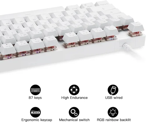 Vista 4 de Motospeed Teclado mecánico profesional para juegos RGB retroiluminado con arco iris compacto de 87 teclas con cable para juegos Windows PC