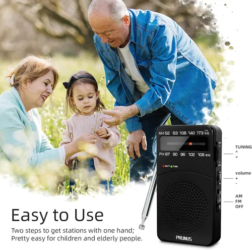 Vista 5 de PRUNUS J-166 - Radio portátil AM FM, Regalos para papá y mamá, Radio operada con pilas con luz de sintonización, clip trasero, excelente recepción