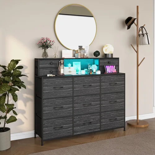 Vista 6 de Cómoda negra con estación de carga y luces LED de 13 cajones, cómodas para dormitorio, cómodas largas y baúles de cajones para sala de estar