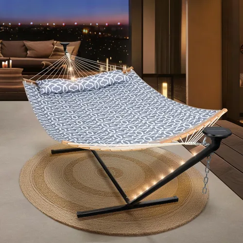 Vista 10 de SUNCREAT Hamaca doble para exteriores con soporte de 12 pies, hamacas autoportantes con soporte, beige