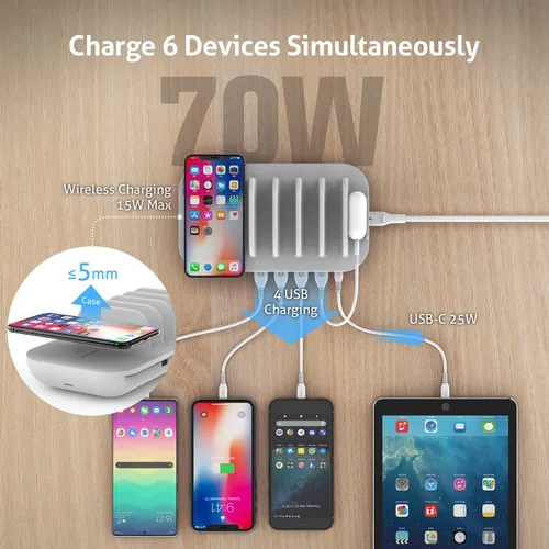 Vista 2 de SooPii Estación de carga de 70 W para múltiples dispositivos, base de carga de 5 puertos con cargador inalámbrico de 15 W, USB C PD/PPS de 25 W