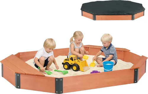 Vista 11 de Cajón de arena de 64"x56"x8.5" octogonal con cubierta para juegos al aire libre de niños, arenero grande de madera con 4 bancos, instalación rápida