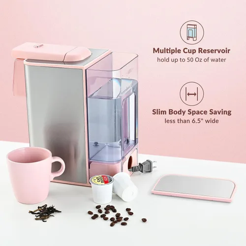 Vista 6 de Mecity Cafetera Rosa 3 en 1 Máquina de Café de Una Sola Porción, Para Cápsulas de Café de Fondo Plano, Café Molido, Taza de 6 a 10 Onzas, Depósito
