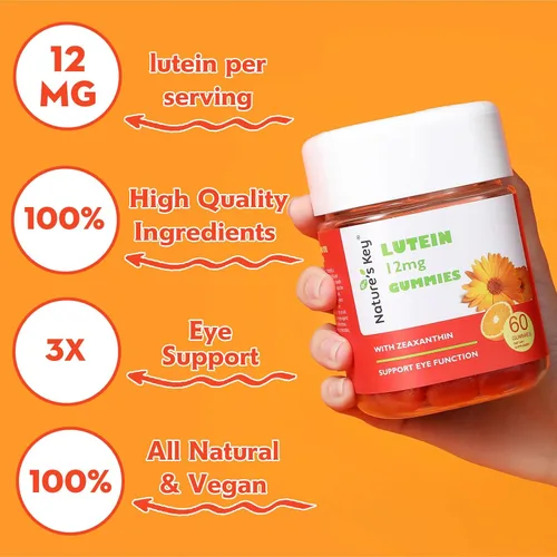 Vista 8 de Nature's Key Gomitas de luteína de 12 mg con zeaxantina y vitamina A para niños y adultos Suplemento de salud ocular y función cerebral Sabor a