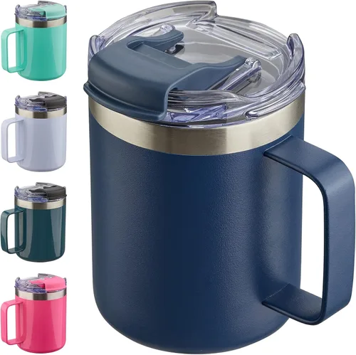 Vista 34 de Taza de café aislada de 12 onzas con asa, taza de café de viaje de acero inoxidable con tapa abatible, vaso de café de doble pared con aislamiento