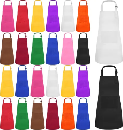 Vista 8 de Juego de 24 delantales para niños de 12 colores, XL para niños de 7 a 13 años, delantales de chef para niños, pintura para cocina, cocina, hornear