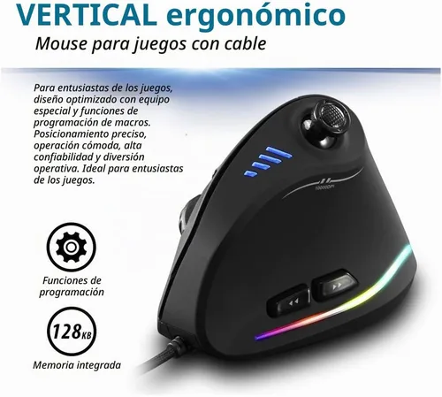 Vista 4 de ZLOT Ratón vertical para juegos, joystick USB ergonómico RGB con cable, mouse láser programable, diseño 6+1, 11 botones, tasa máxima de sondeo