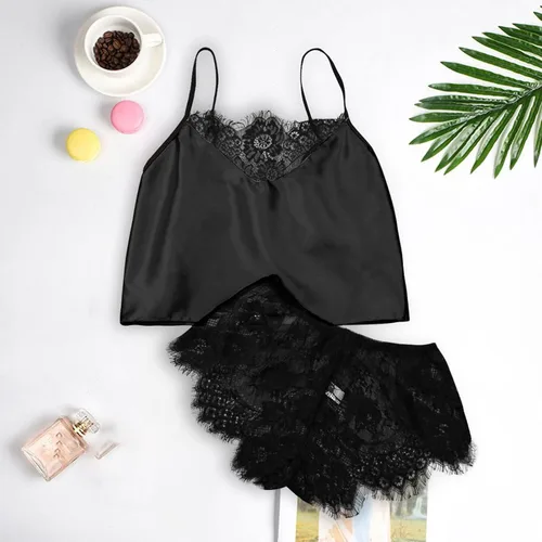 Vista 4 de Nskgu Conjunto de pijama de satén para mujer, lencería sexy, ropa de noche, 2 piezas con ribete de encaje, camisola y pantalones cortos, conjuntos