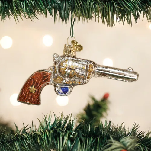 Vista 2 de Old World Christmas Western Revolver - Adorno de cristal soplado para árbol de Navidad, decoración navideña hecha a mano, colección occidental