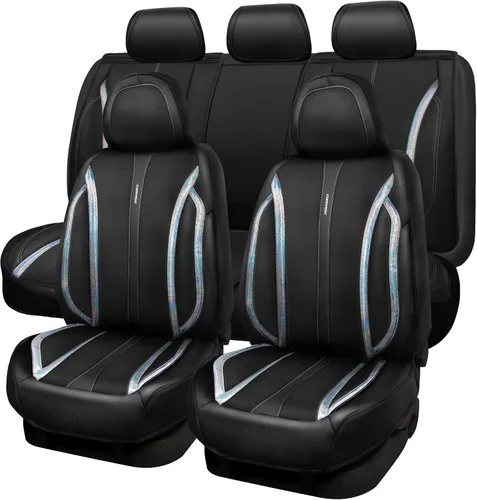 Vista 18 de CAR PASS Fundas de cuero beige para asiento de automóvil, juego completo de fundas de asiento automotriz transpirables e impermeables, cojín