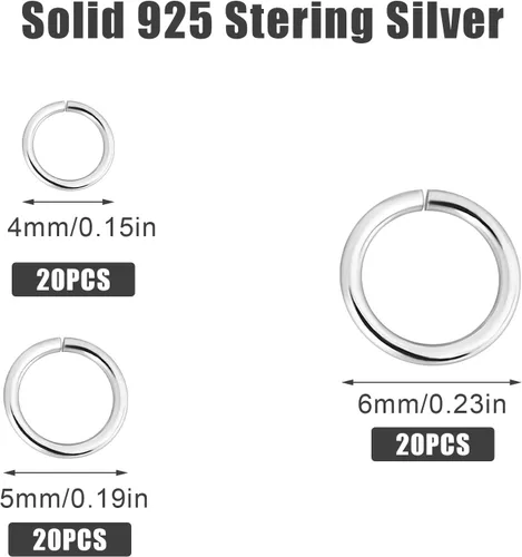 Vista 2 de 60 anillos de salto de plata de ley 925, 0.157 in, 0.197 in, 0.236 in de tamaño surtido, anillos de salto abiertos para joyería fabricación