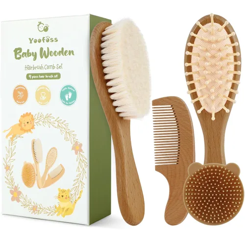 Vista 8 de Yoofoss Juego de 4 cepillos y peine para el pelo del bebé, cepillo de madera para el pelo del bebé con pelo de cabra ultra suave natural, juego