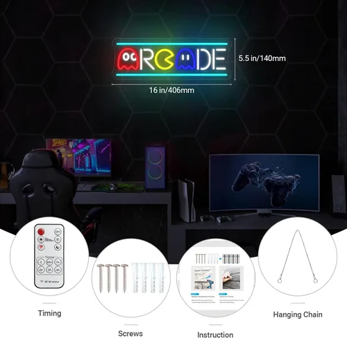 Vista 6 de Letrero de neón de arcade, retro fantasma, juego de arcade, letrero de luz de neón LED, regulable, lámpara nocturna 3D hecha a mano