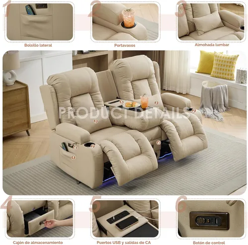 Vista 7 de TUNYI Wall Hugger - Sofá reclinable con consola, sofá biplaza reclinable eléctrico para autocaravana con masaje y Beige