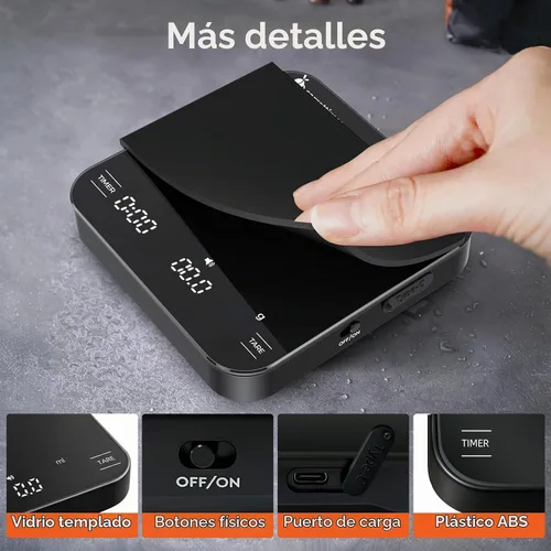 Vista 5 de Mini báscula de café recargable con temporizador, escala de espresso de precisión de 4.4 lbs/0.004 oz, báscula de café digital portátil con 4 modos