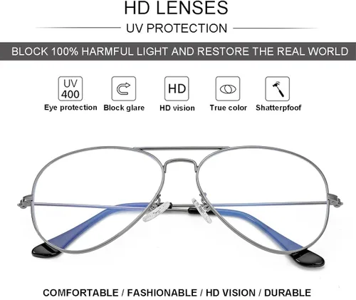 Vista 6 de Gafas de lente transparente de aviador para mujeres y hombres sin receta marco de metal lente de bloqueo de luz azul