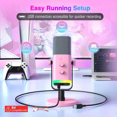 Vista 3 de FIFINE - Micrófono XLR/USB de PC para grabación de juegos con conector para auriculares, botón de silencio, RGB dinámico, de transmisión para Rosa