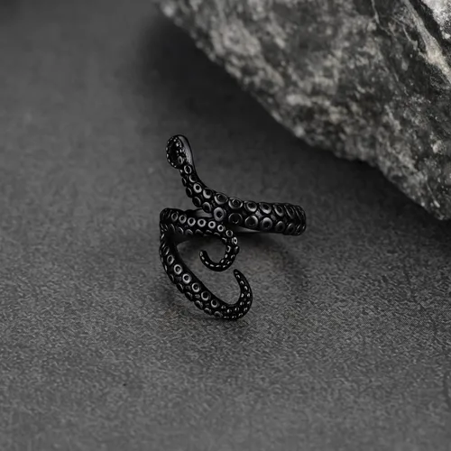 Vista 8 de FaithHeart Anillo de tentáculo de pulpo, unisex, de pez diablo, anillos punk, para hombres y mujeres, acero inoxidable, chapado en oro de 18