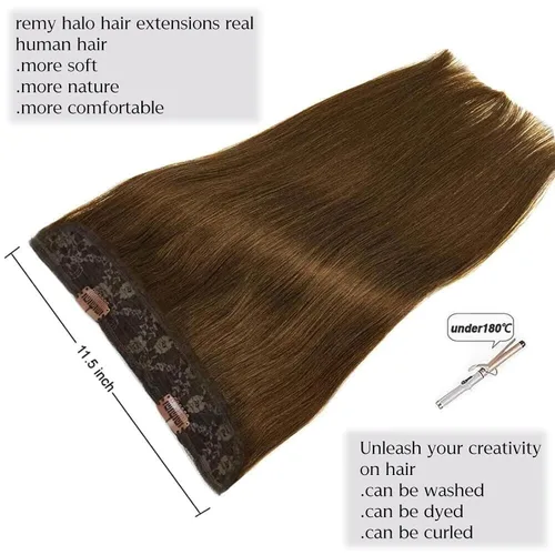 Vista 4 de Extensiones de cabello humano real, cabello lacio marrón chocolate de 12 pulgadas con alambre oculto y línea de pescado transparente