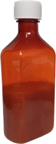 Vista 5 de Botellas líquidas de plástico ámbar para medicina con tapas resistentes a los niños, paquete de 5 botellas dispensadoras ovaladas farmacéuticas