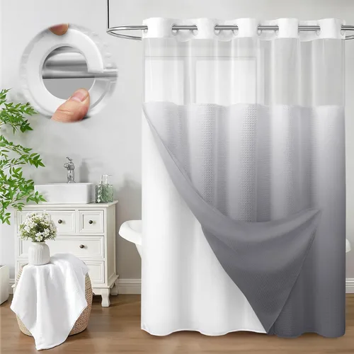 Vista 33 de Aqua - Juego de cortina de ducha y forro sin gancho, cortina de ducha waffle de hotel con forro 75" L x 72" A