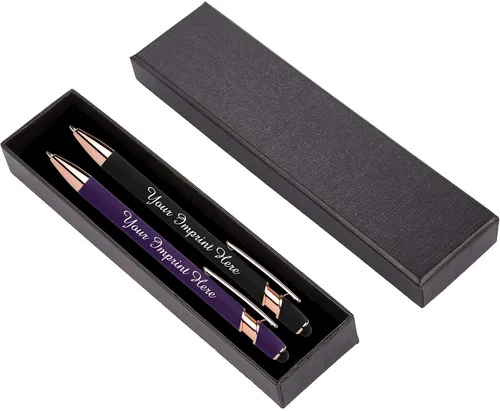 Vista 9 de ExpressDesigns™ - Juego de regalo de bolígrafos personalizados - Paquete de 2 bolígrafos de metal suave al tacto de oro rosa con caja de regalo