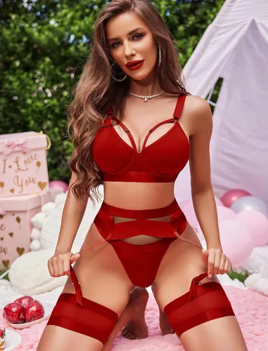 Vista 3 de Avidlove Lencería sexy para mujer con tiras con aros push up de 5 piezas con liga