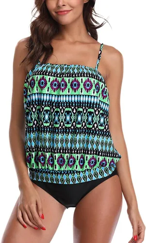 Vista 3 de Tankini de dos piezas para mujer, con parte superior estilo blusón Bandeau y parte inferior modesta de talle alto