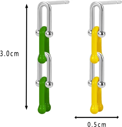 Vista 3 de Aretes de aro convertibles de oro para mujer Juego de aretes de aro de eslabones de plata de 14 quilates, esmalte Y2K, multicolor, rectangular