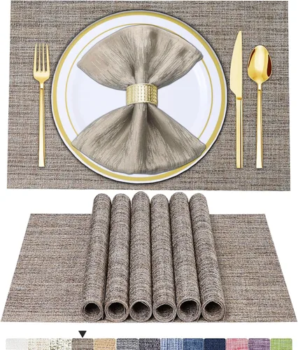 Vista 11 de BETEAM Juego de 4 manteles individuales de vinilo tejido para mesa de comedor, lavables, lavables, manteles individuales de cocina, duraderos