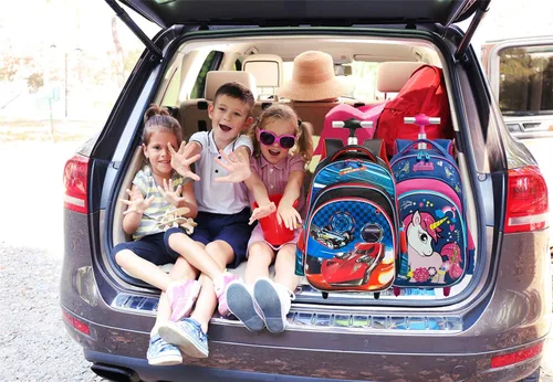 Vista 6 de Mochila con ruedas para niños y niños, maleta de viaje para estudiantes de primaria, mochila para niños, Coche rojo, Portátil