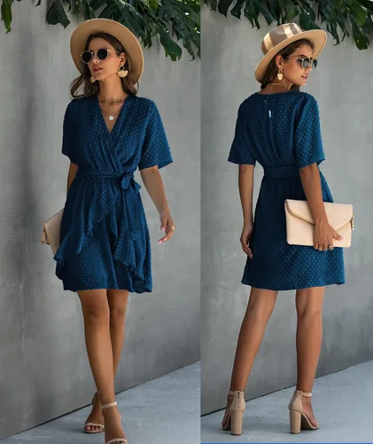 Vista 5 de BTFBM Vestido corto de manga corta con cuello en V y estampado de lunares suizos cintura alta acampanado dobladillo con volantes cinturón liso
