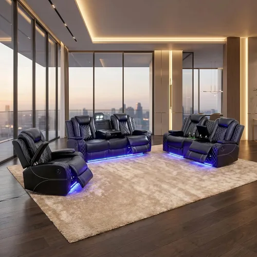 Vista 11 de FUOROLA Juego de sofá reclinable eléctrico con LED, sofá seccional reclinable de cuero transpirable para cine en casa con soporte para tazas Negro
