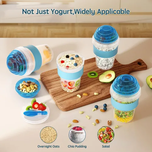 Vista 3 de Paquete de 4 tazas de yogur para parfait con tapas reutilizables, recipientes de plástico de 20 onzas para avena para llevar con compartimento