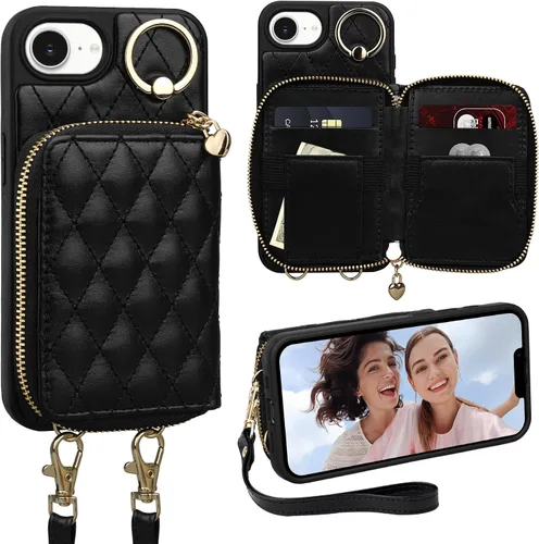 Vista 67 de Funda para iPhone 12 Pro/iPhone 12 de 6.1 pulgadas, cartera cruzada con cremallera para mujer, tarjetero con bloqueo RFID, funda de cuero con Negro