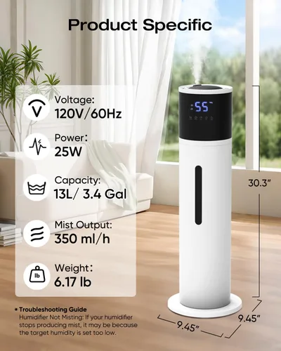 Vista 2 de Humidificador de 13L para habitación grande, tiempo de funcionamiento de 100 horas, 28 dB, silencioso, humidificadores de aire de niebla fría