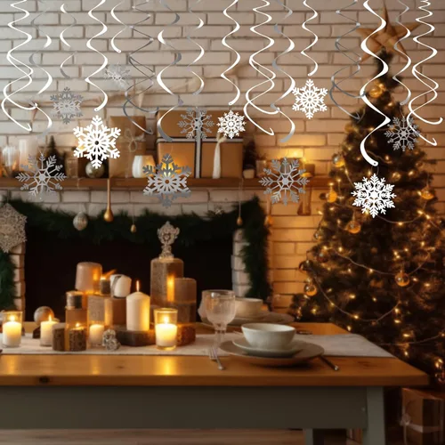 Vista 4 de Decoración de remolino colgante de copo de nieve de Navidad de 42 quilates, serpentinas de plástico para decoración colgante de techo, guirnalda